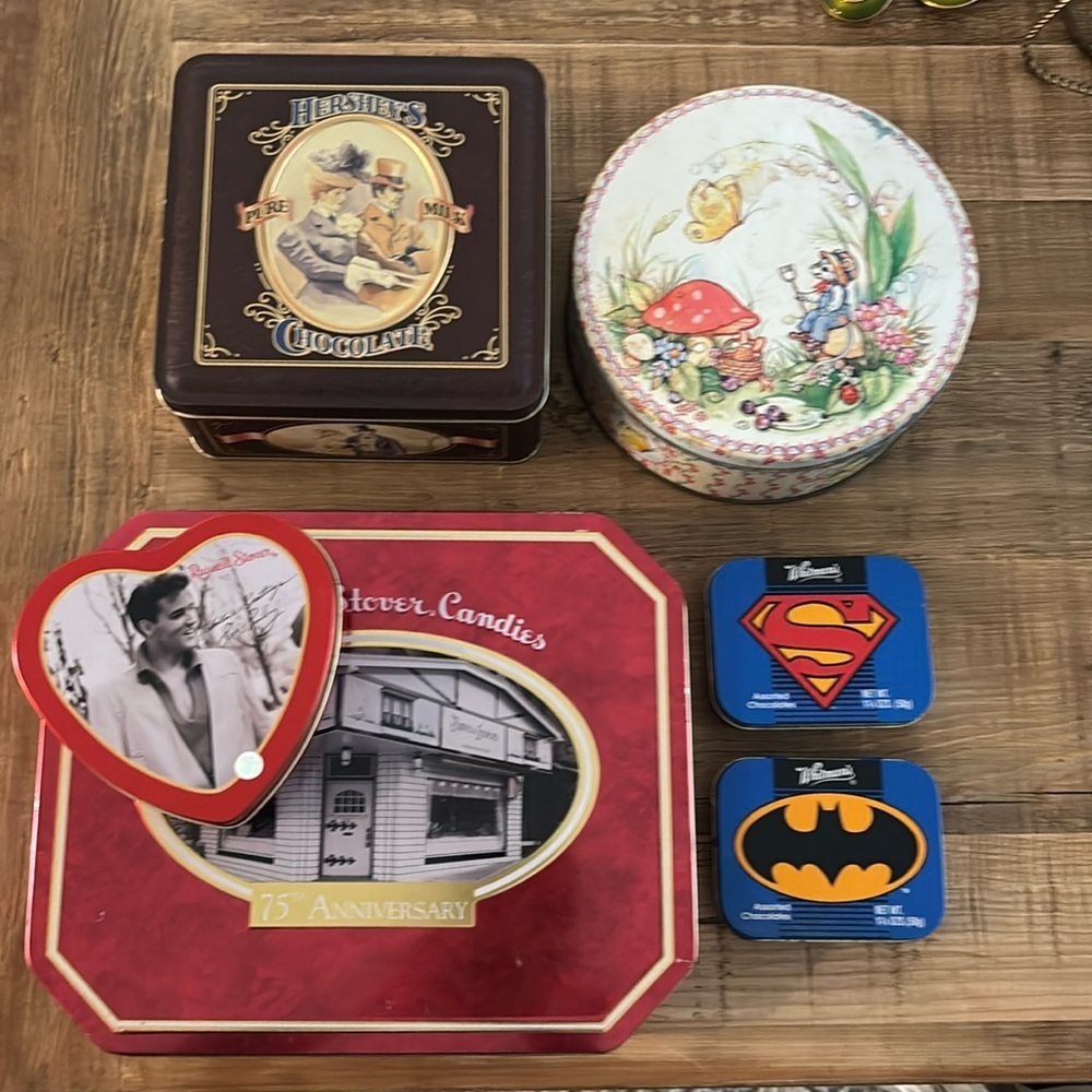 6 Vintage Metal Collectible Display Tins. Elvis Hersheys 1990’s-2000’s Y2K